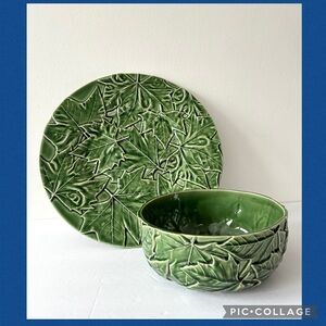 Bordallo Pinheiro Maple Green Chop Plate / Round Platter & Bowl Set